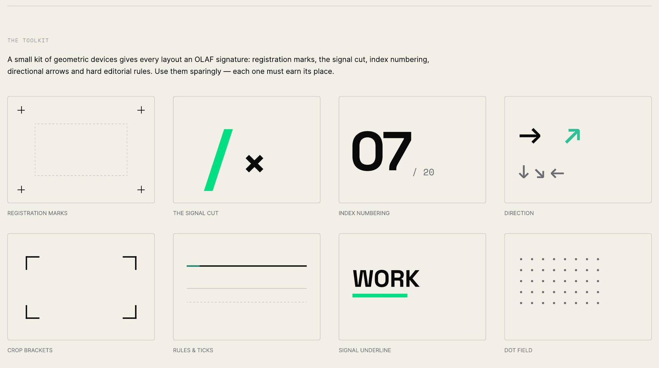 Graphic language toolkit — registration marks, signal cut, index numbering, arrows, crop brackets, rules, dot field.