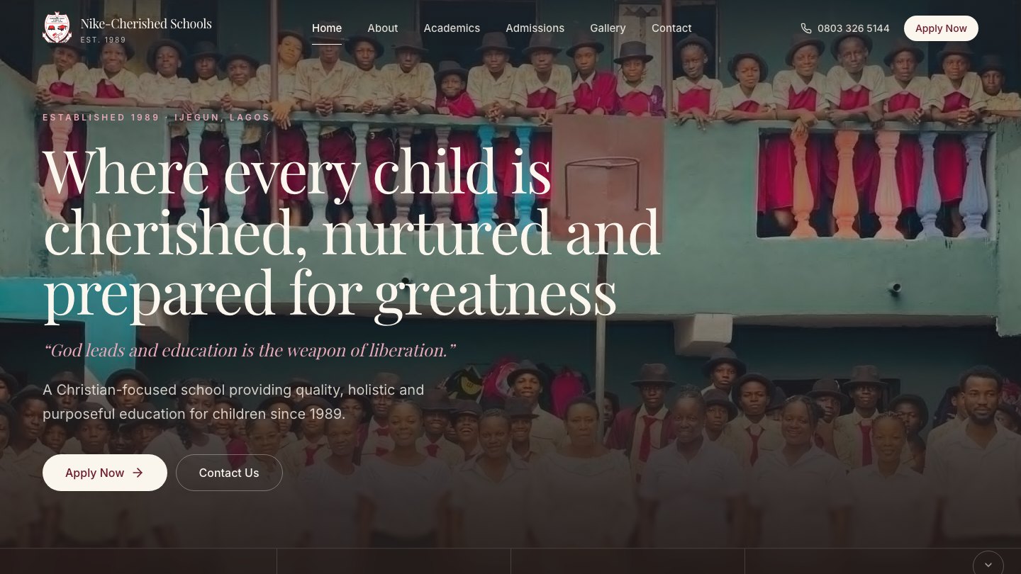 Nike-Cherished Schools homepage — a serif headline over an archive photograph of pupils on a school balcony.
