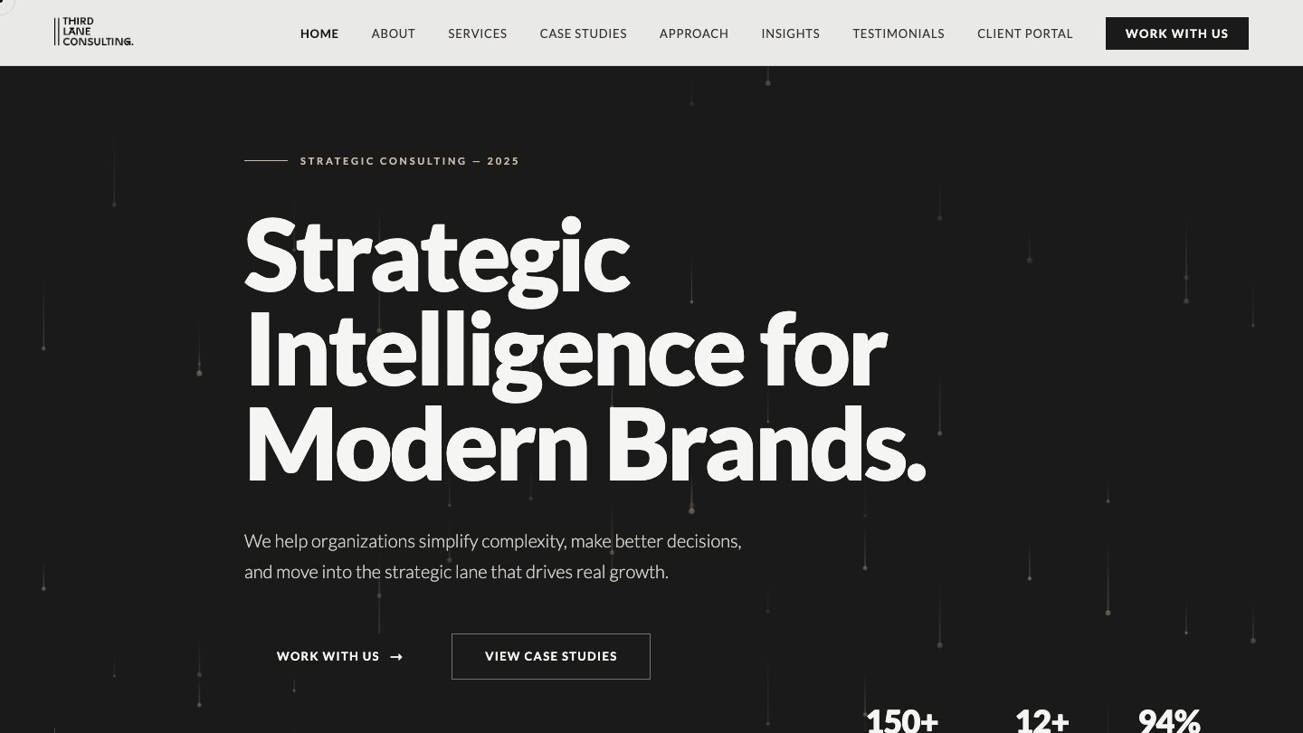Third Lane Consulting homepage — “Strategic Intelligence for Modern Brands.” set very large in white on near-black.