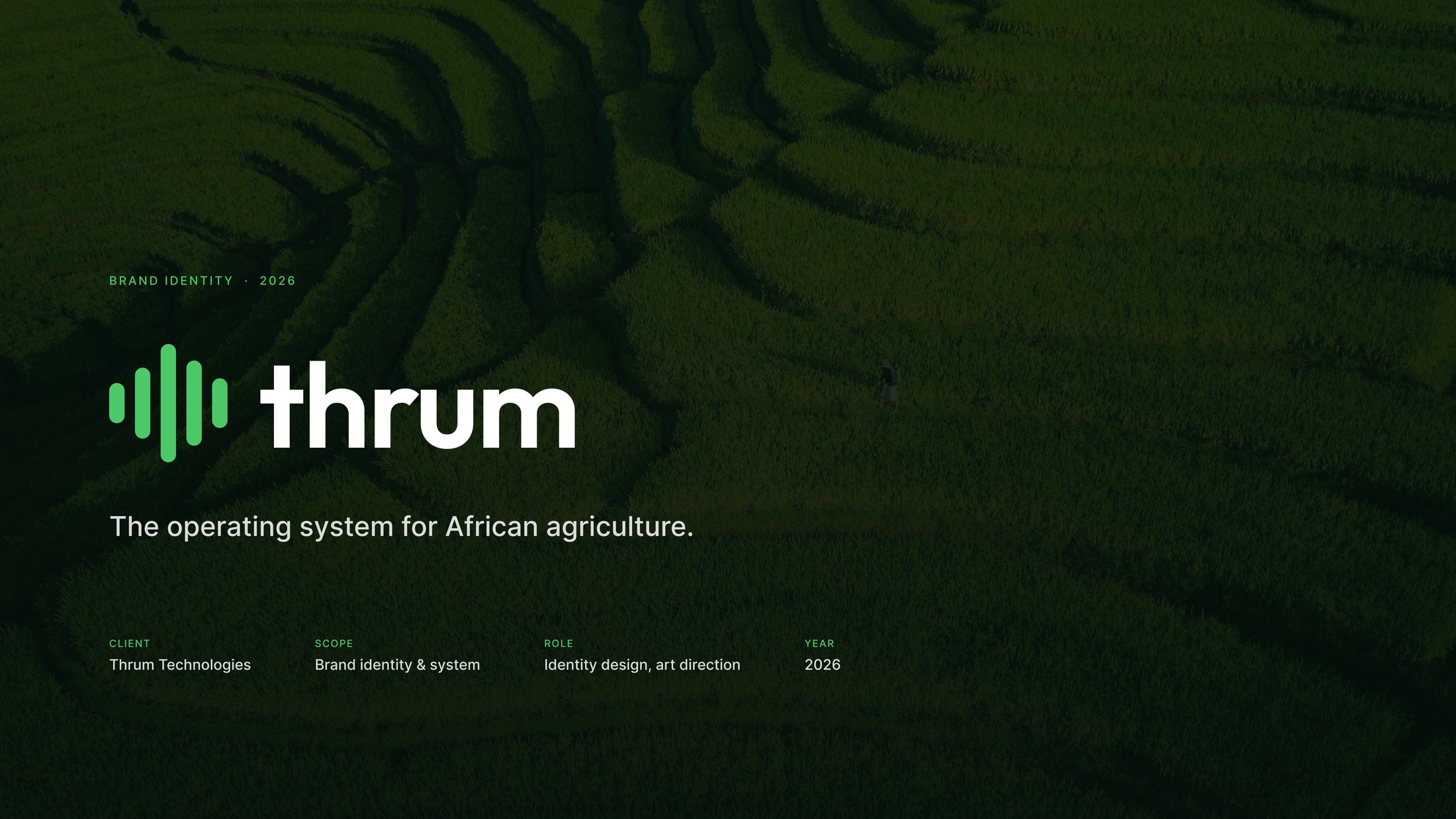 Thrum brand identity cover — the green waveform mark and wordmark in white over a darkened aerial photograph of terraced fields.