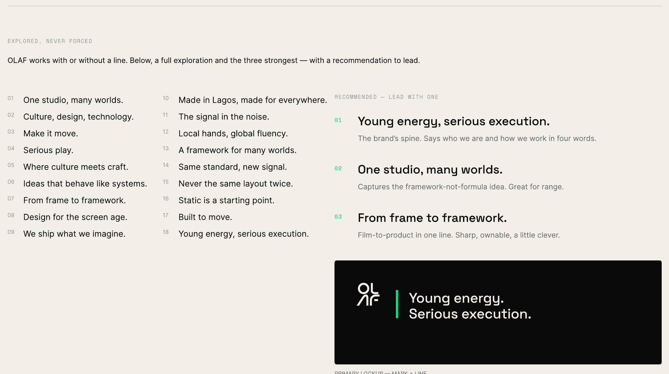Tagline exploration spread with eighteen candidate lines and the three strongest picked out.