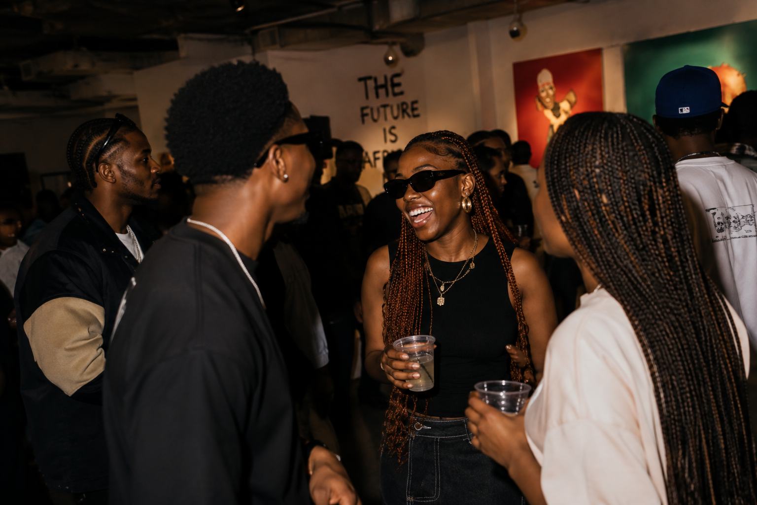 Opening night crowd in conversation, warm ambient light, artwork lit on the far wall.
