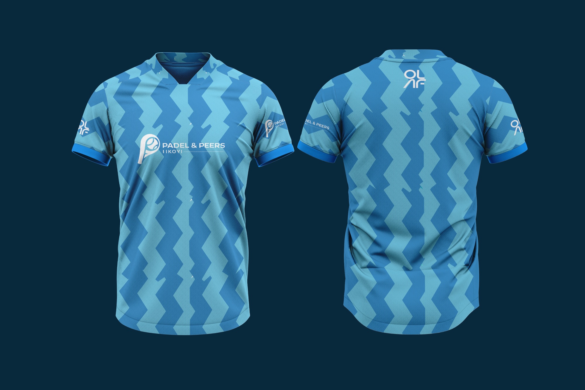Padel & Peers club jersey front and back in stepped blue zig-zag pattern, OLAF mark at the upper back.