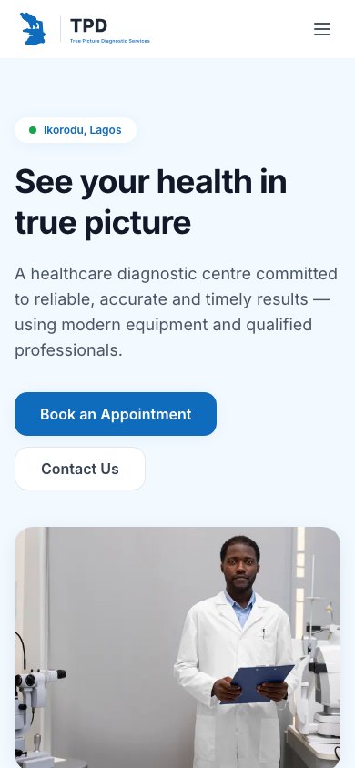 The True Picture homepage on a phone, with the booking button still in the header.